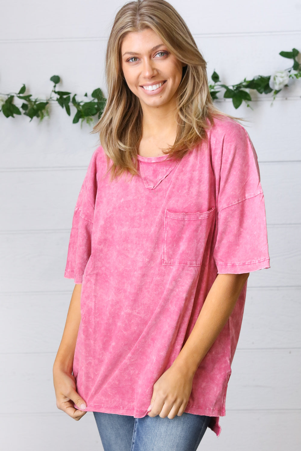 Rose Acid Wash Raw Edge Pocketed Top