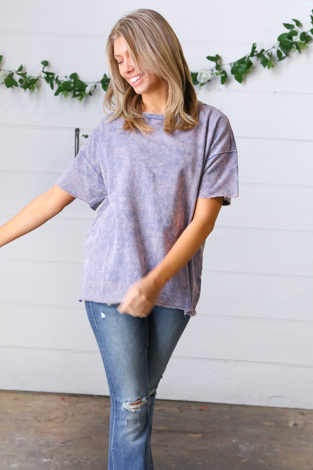 Blueberry Cotton Terry Acid Wash Drop Shoulder Raw Edge Top