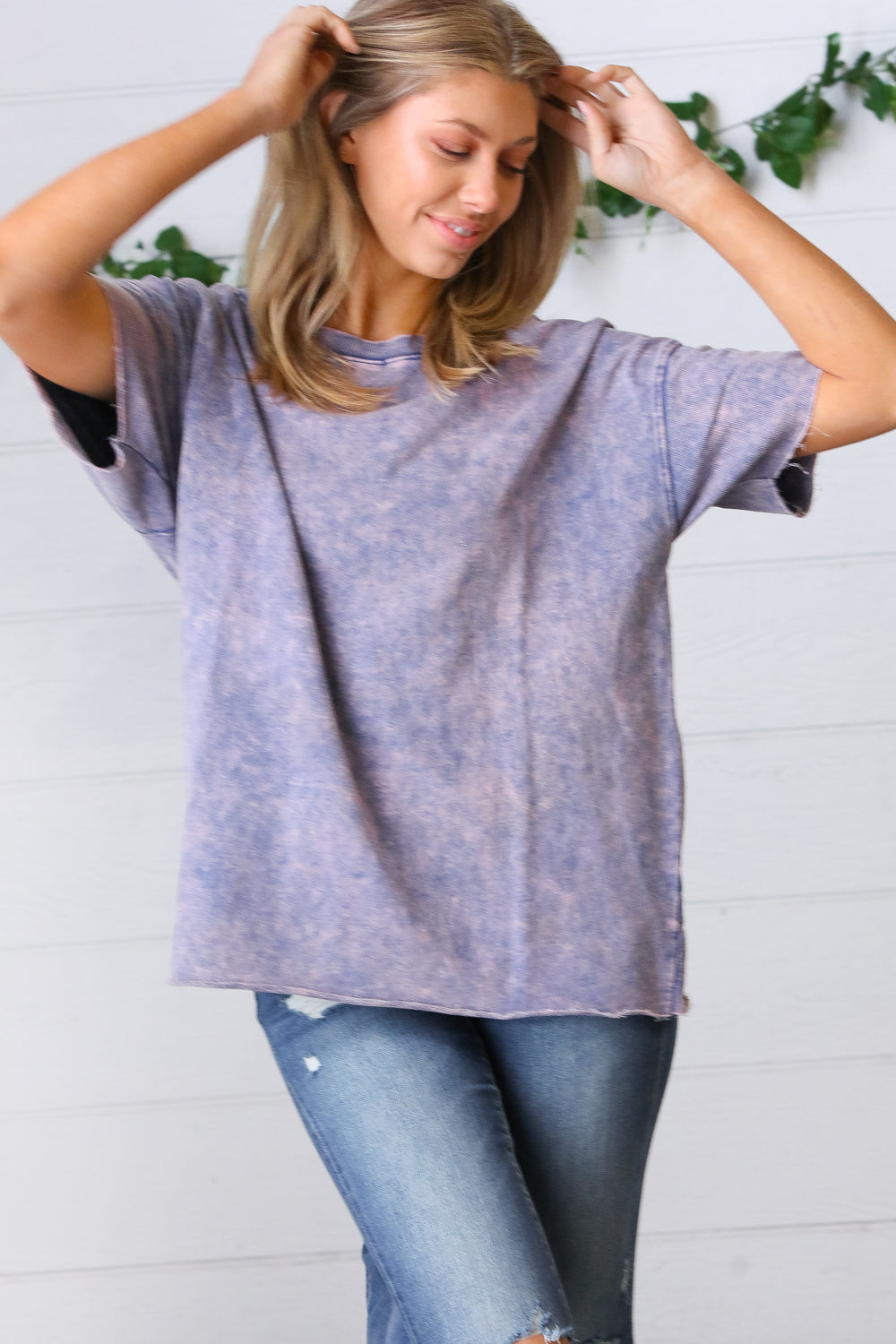 Blueberry Cotton Terry Acid Wash Drop Shoulder Raw Edge Top