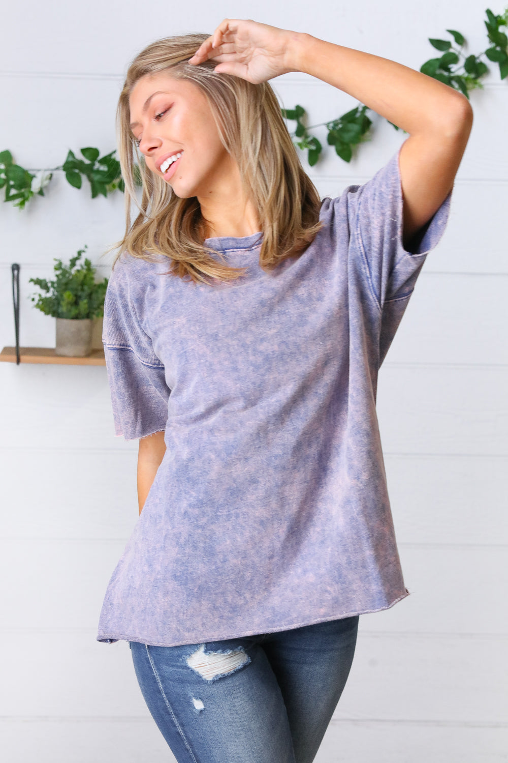 Blueberry Cotton Terry Acid Wash Drop Shoulder Raw Edge Top