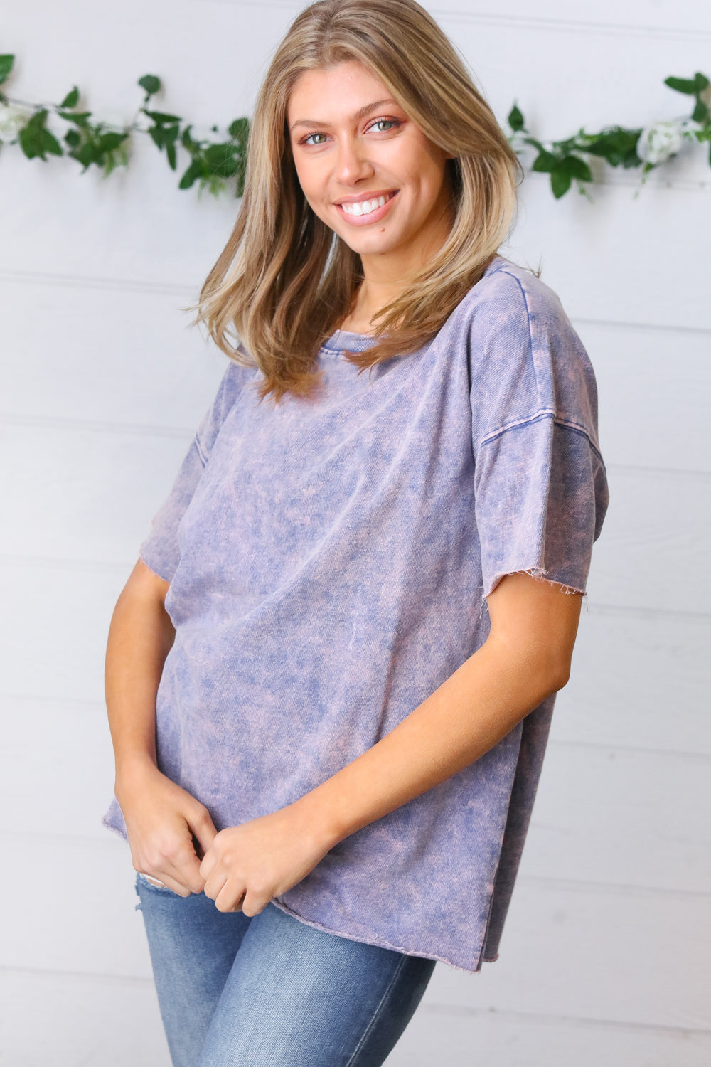 Blueberry Cotton Terry Acid Wash Drop Shoulder Raw Edge Top