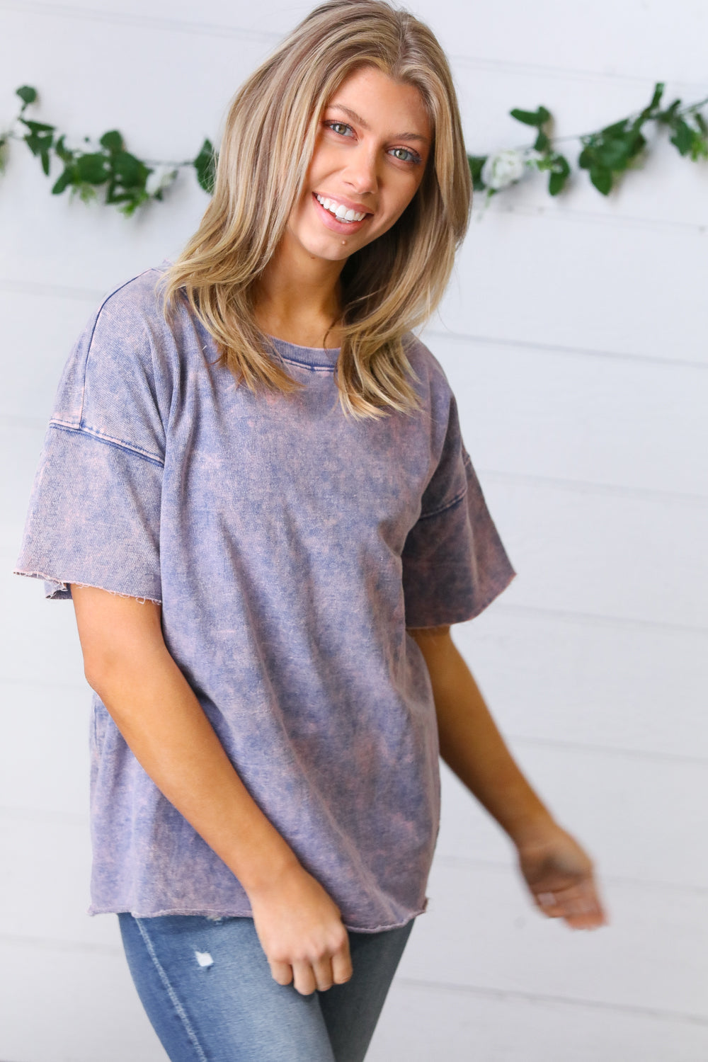 Blueberry Cotton Terry Acid Wash Drop Shoulder Raw Edge Top