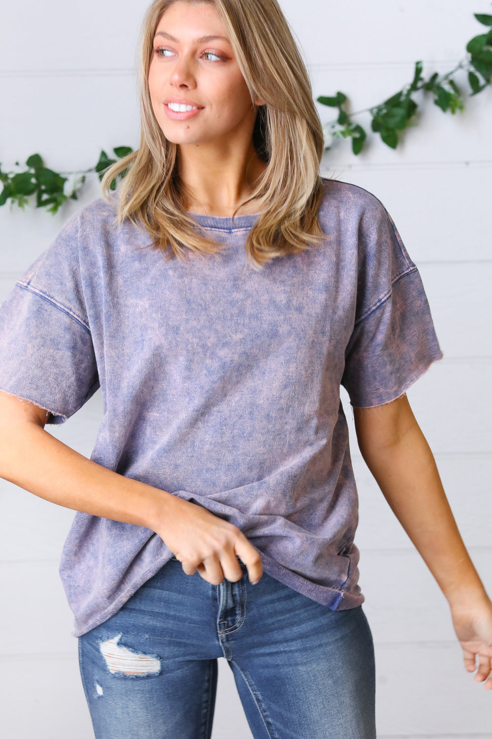 Blueberry Cotton Terry Acid Wash Drop Shoulder Raw Edge Top