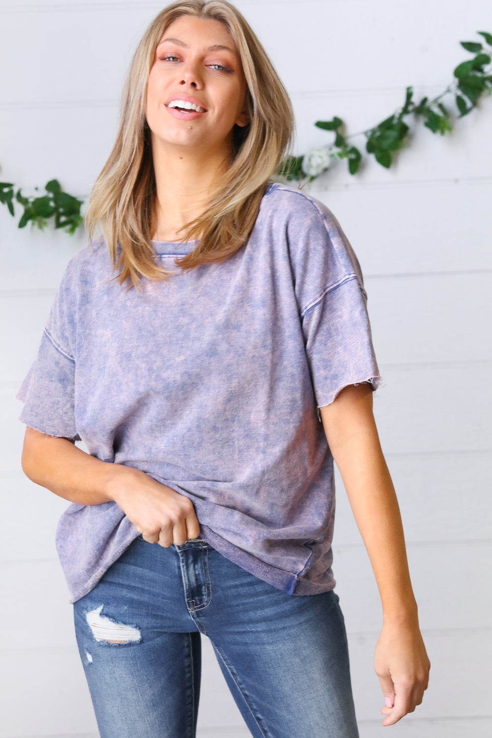 Blueberry Cotton Terry Acid Wash Drop Shoulder Raw Edge Top