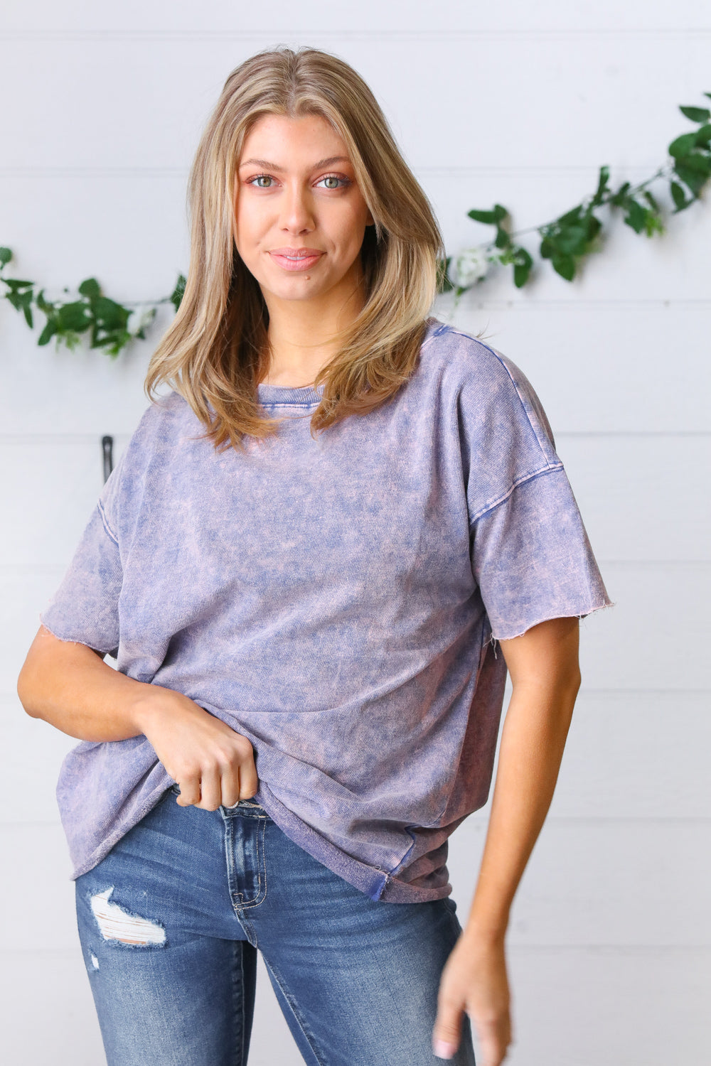 Blueberry Cotton Terry Acid Wash Drop Shoulder Raw Edge Top