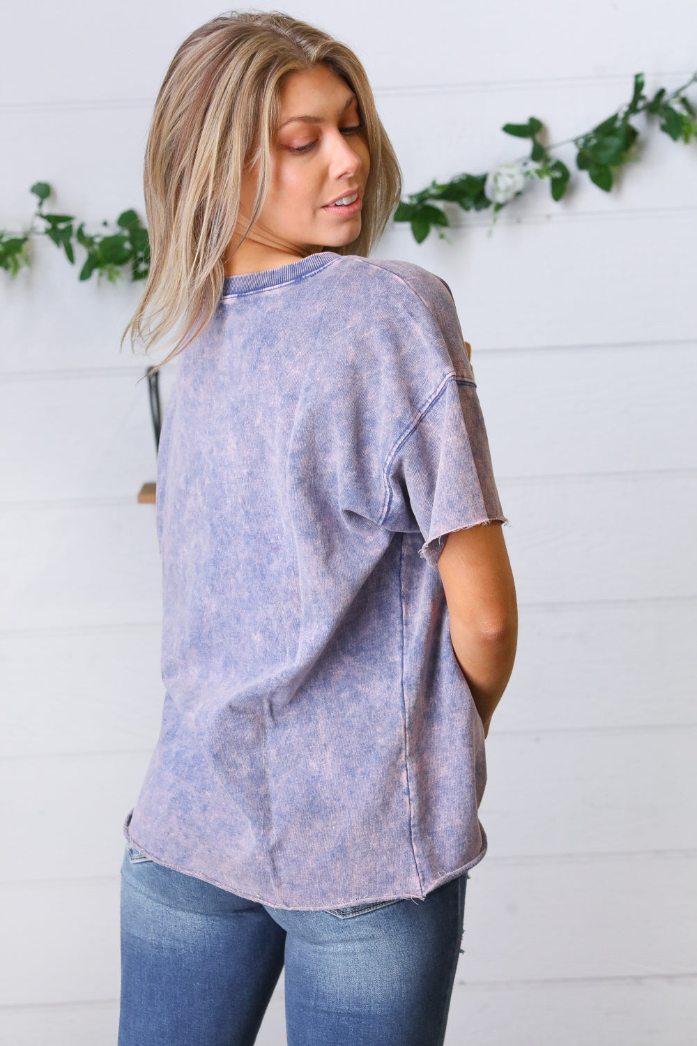 Blueberry Cotton Terry Acid Wash Drop Shoulder Raw Edge Top