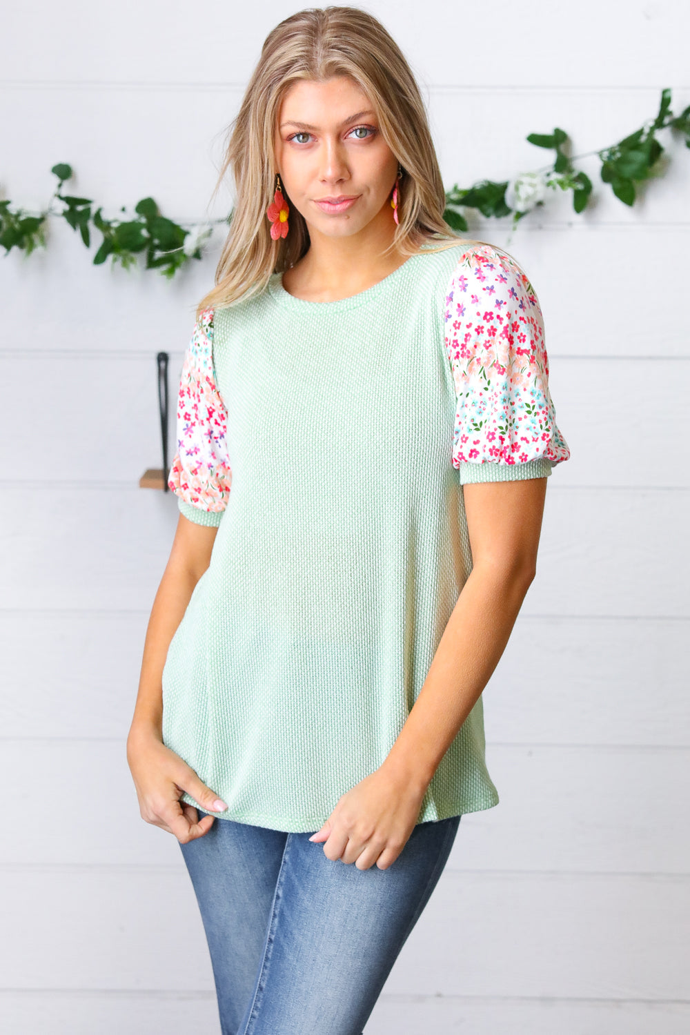 Mint Two Tone Floral Puff Sleeve Top