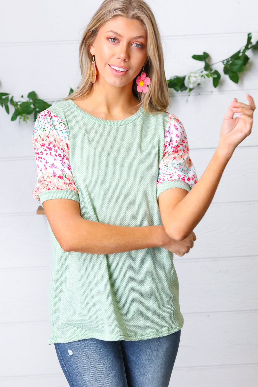 Mint Two Tone Floral Puff Sleeve Top