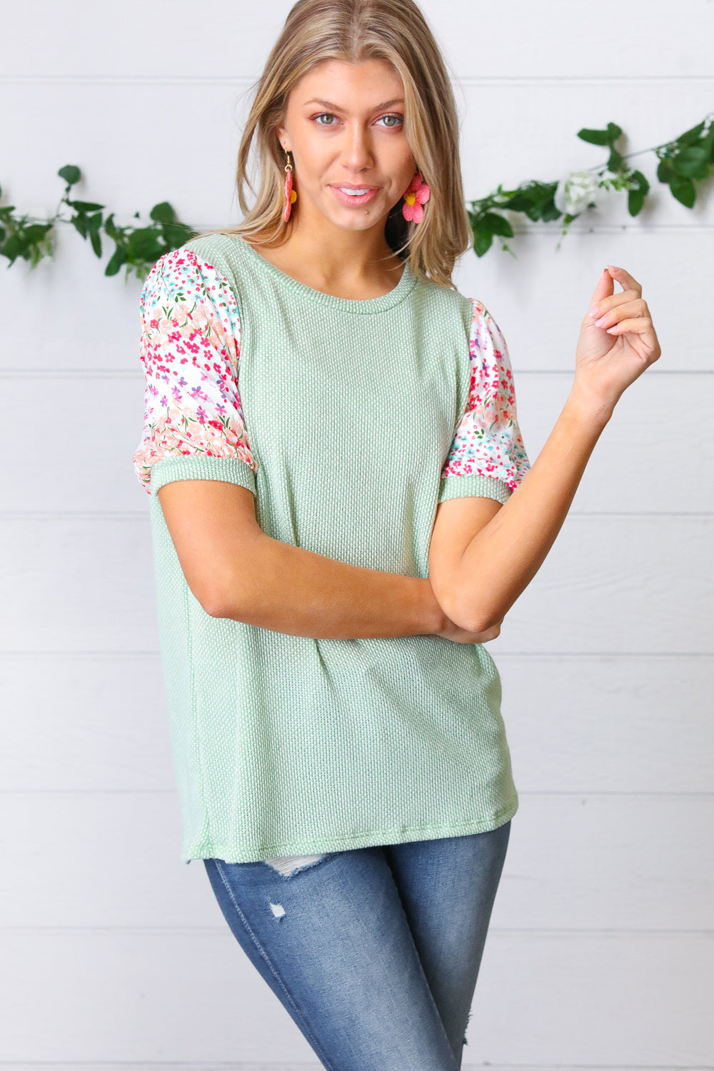 Mint Two Tone Floral Puff Sleeve Top