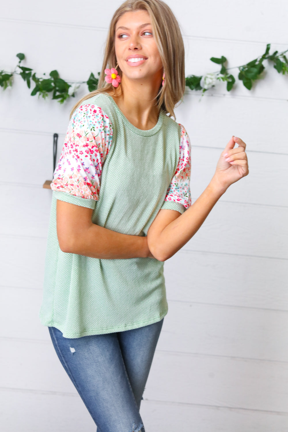 Mint Two Tone Floral Puff Sleeve Top