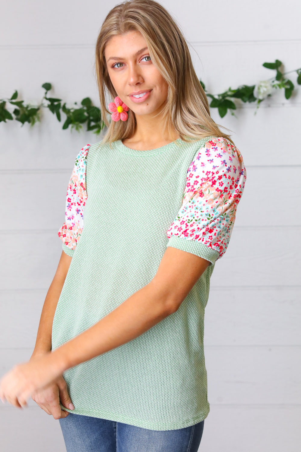 Mint Two Tone Floral Puff Sleeve Top