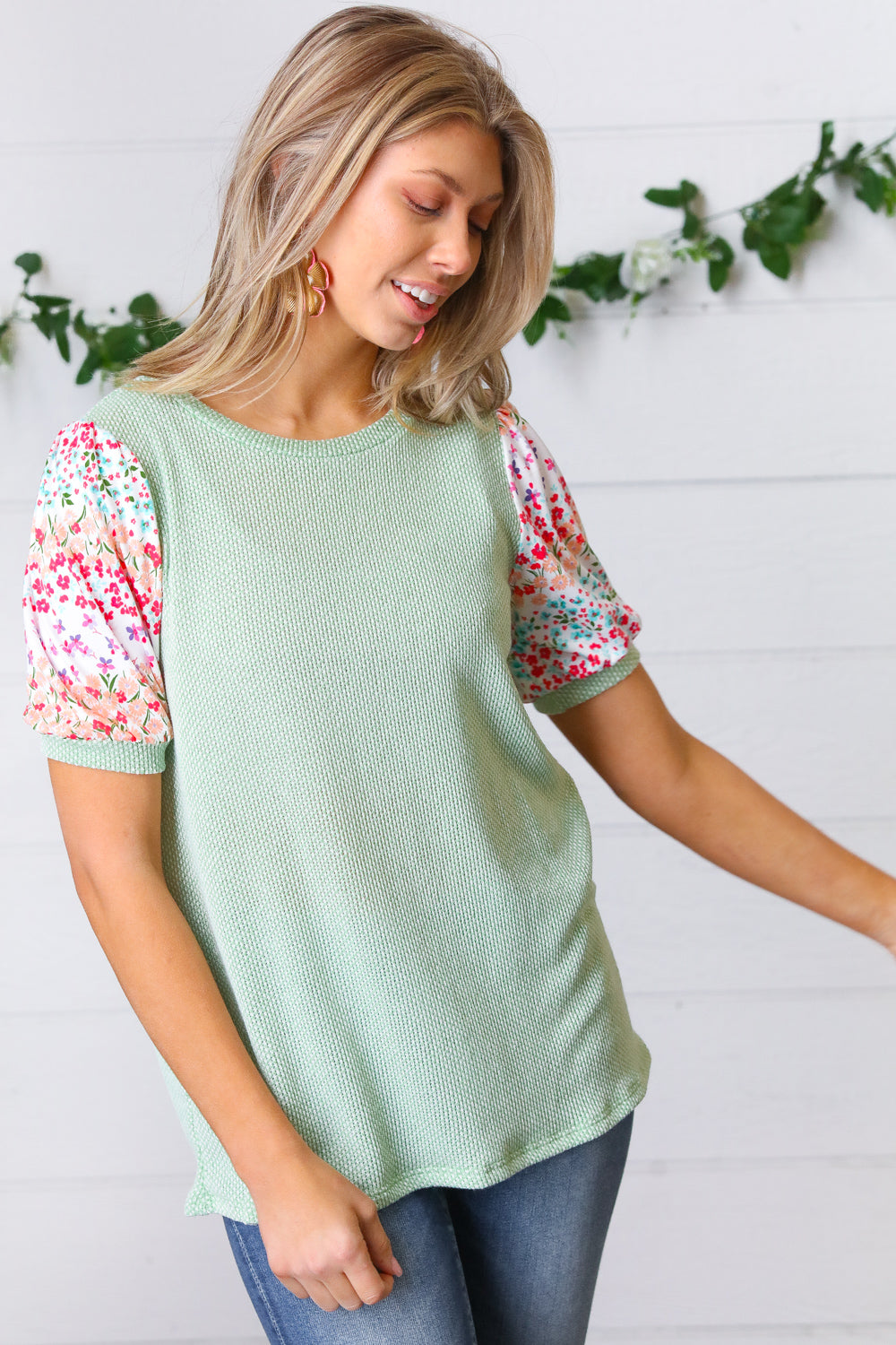 Mint Two Tone Floral Puff Sleeve Top
