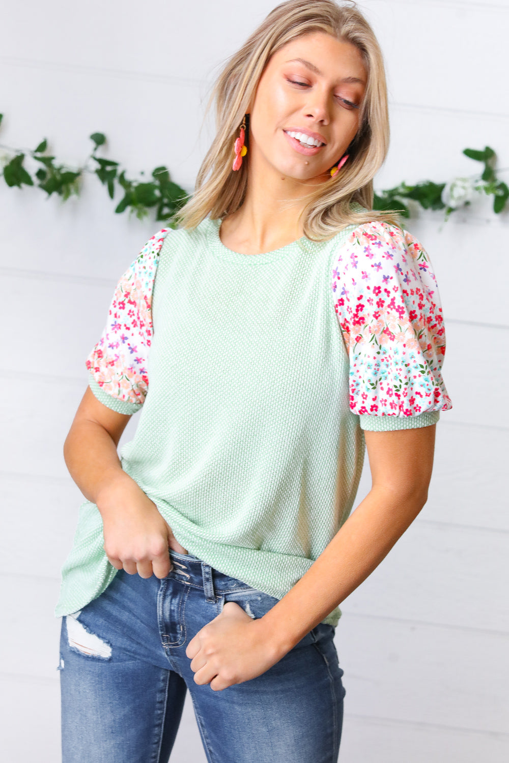 Mint Two Tone Floral Puff Sleeve Top