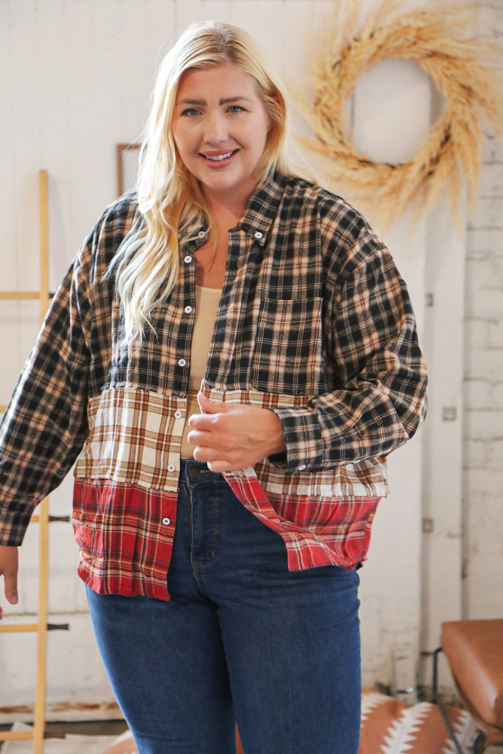 Taupe & Red Plaid Color Block Fray Edge Shacket