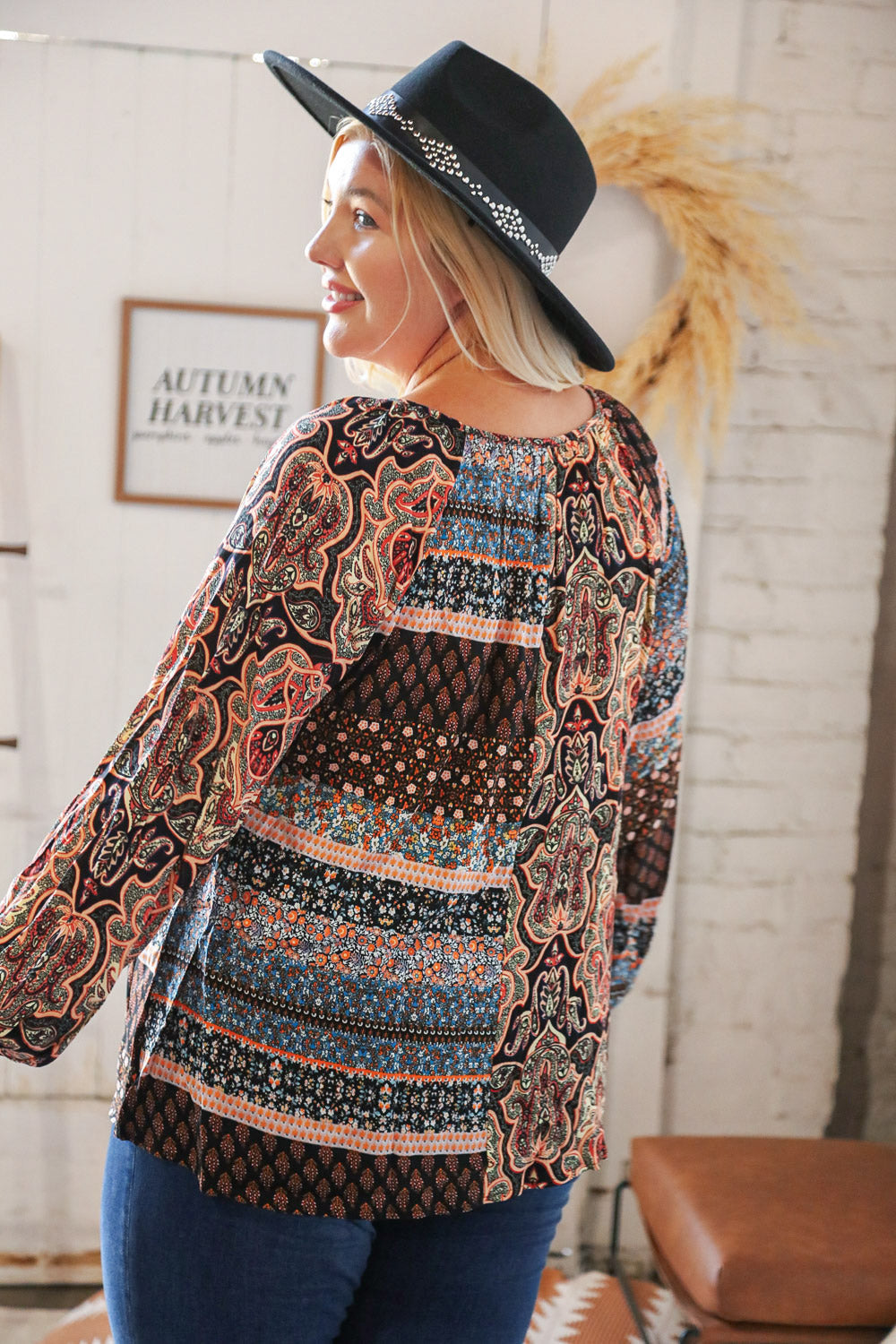 Multicolor Floral Color Block Raglan Peasant Woven Top