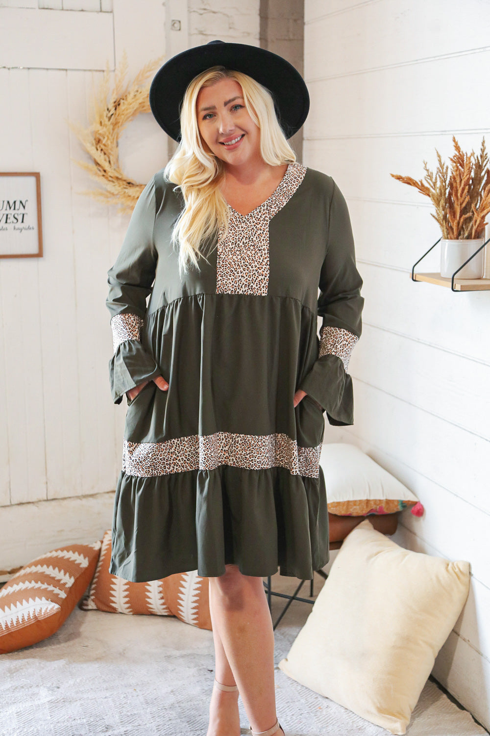 Olive Animal Banded V Neck Bell Bottom Pocketed Dress