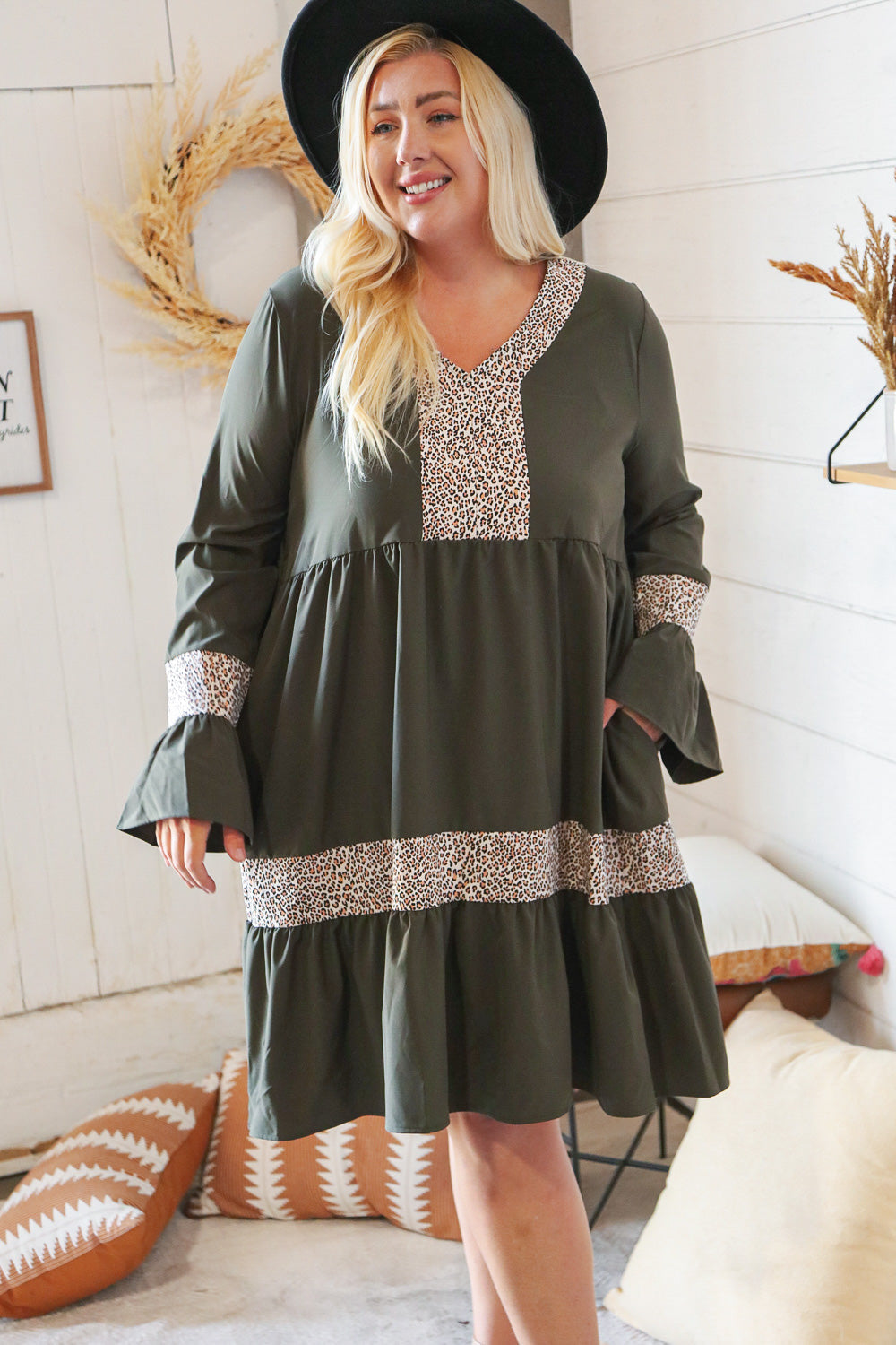Olive Animal Banded V Neck Bell Bottom Pocketed Dress
