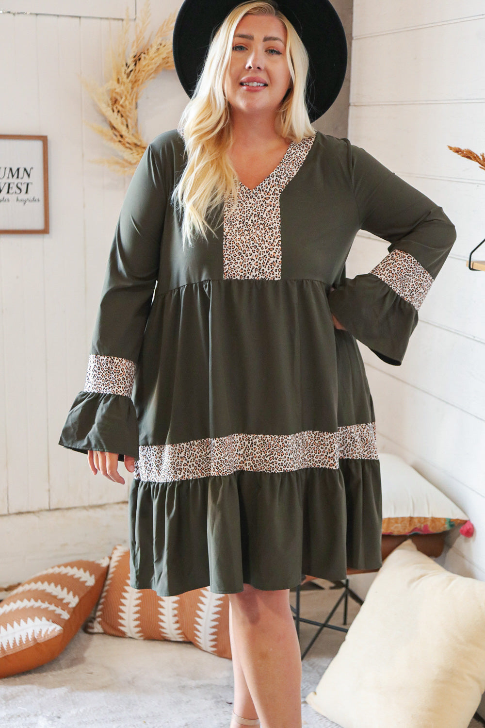 Olive Animal Banded V Neck Bell Bottom Pocketed Dress