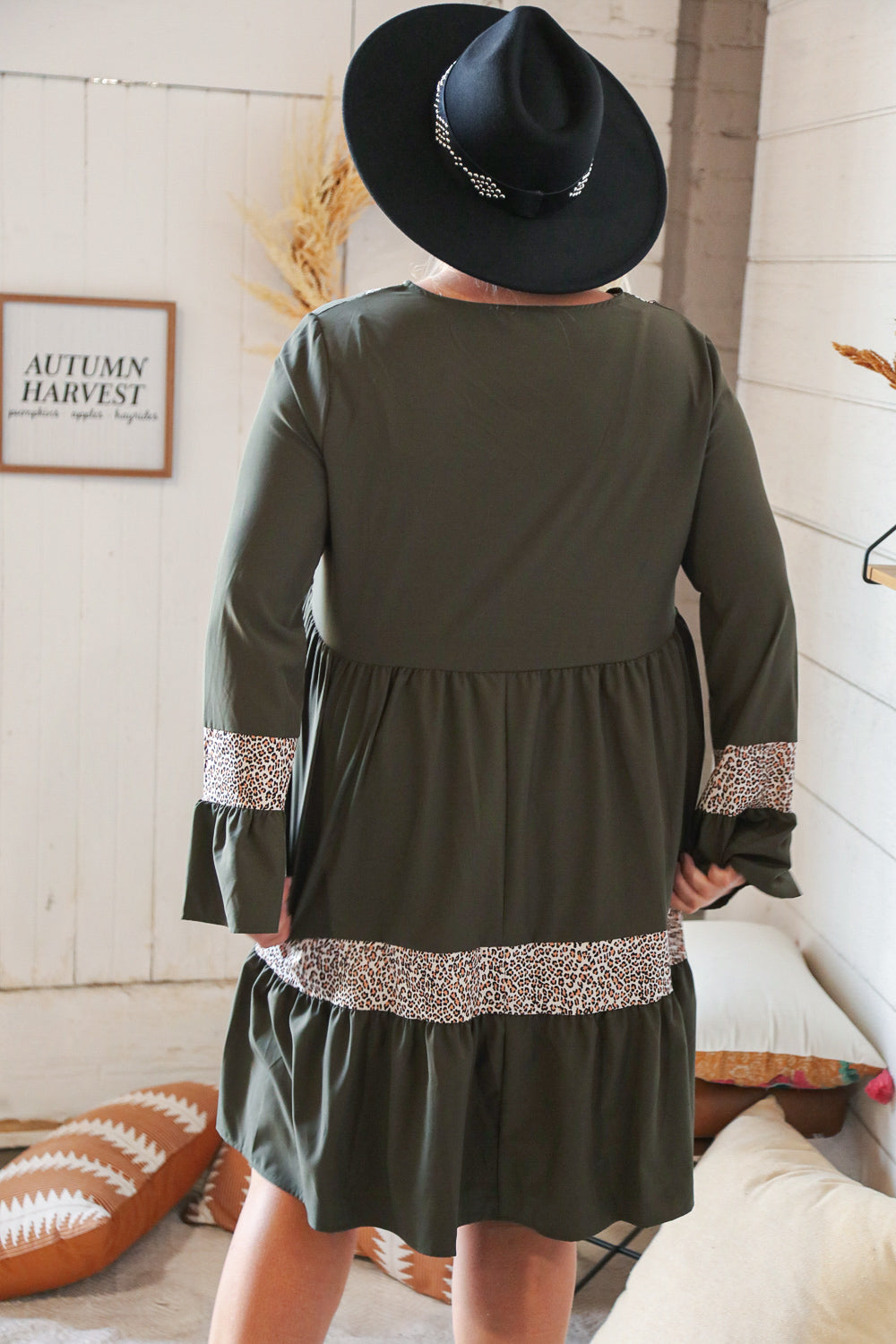 Olive Animal Banded V Neck Bell Bottom Pocketed Dress