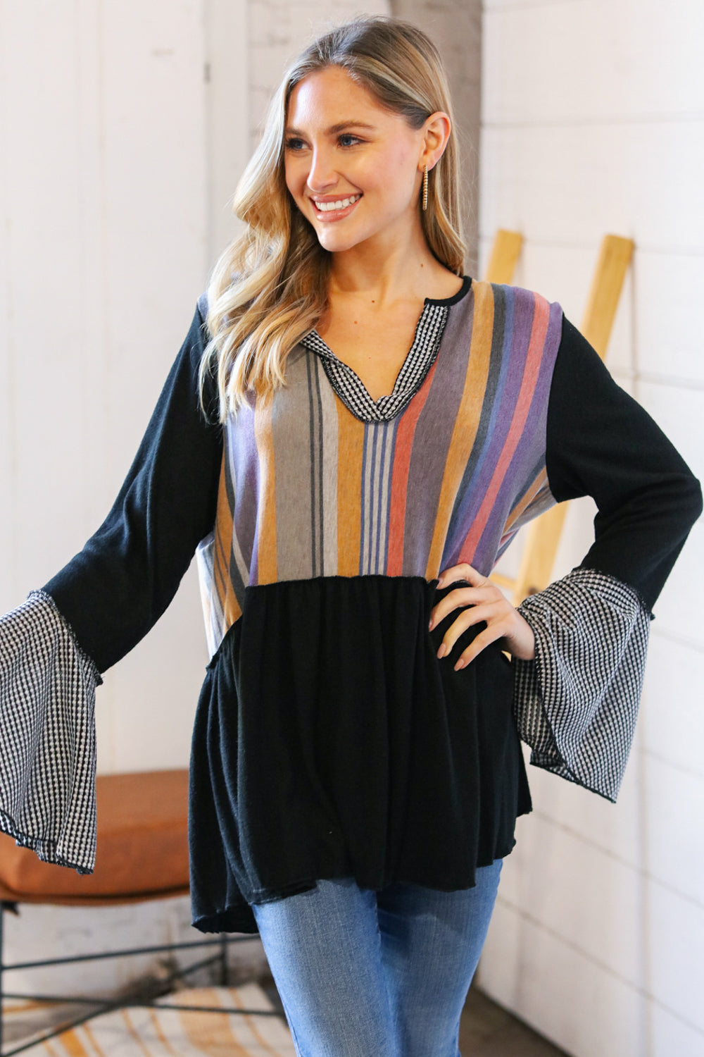 Multi Stripe Hacci Jacquard V Neck Bell Sleeve Top