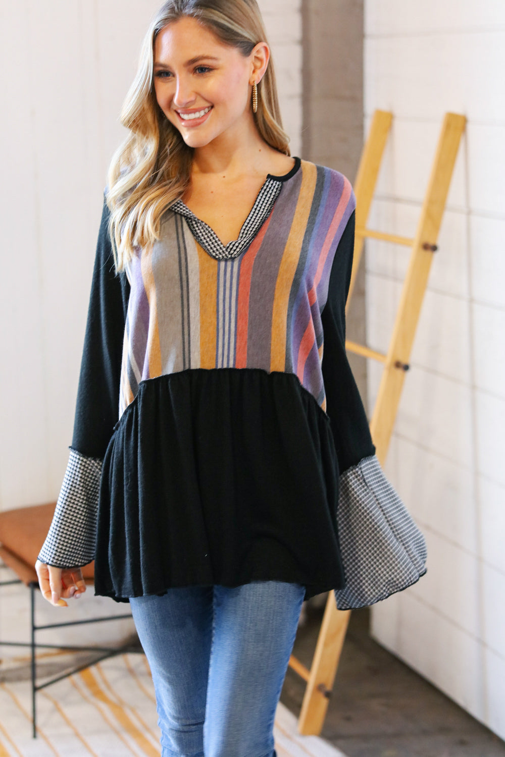 Multi Stripe Hacci Jacquard V Neck Bell Sleeve Top