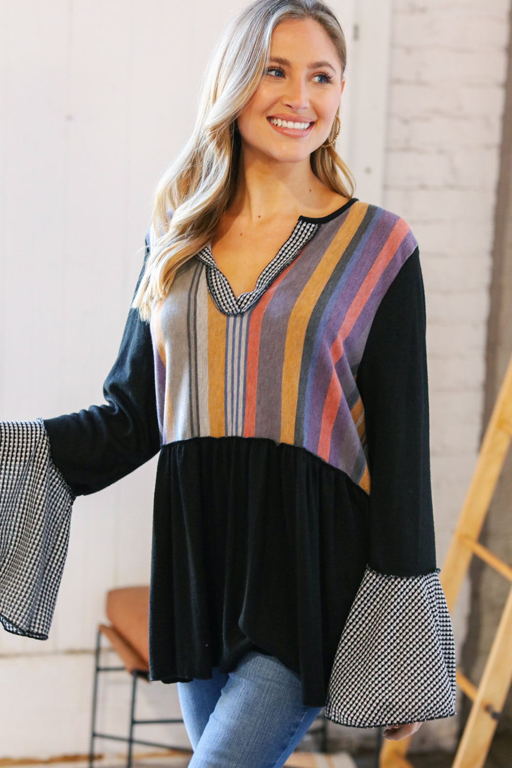 Multi Stripe Hacci Jacquard V Neck Bell Sleeve Top
