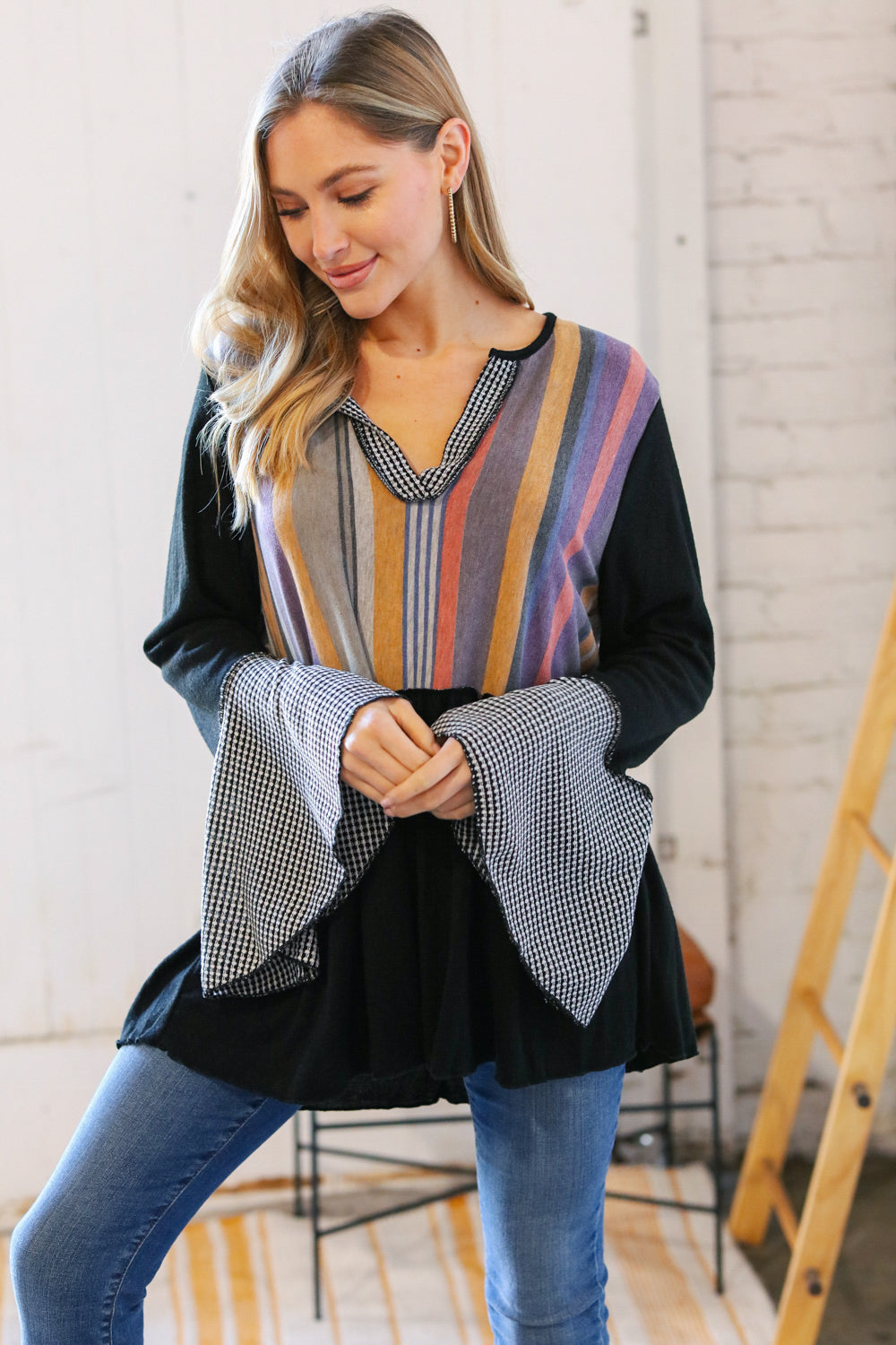 Multi Stripe Hacci Jacquard V Neck Bell Sleeve Top