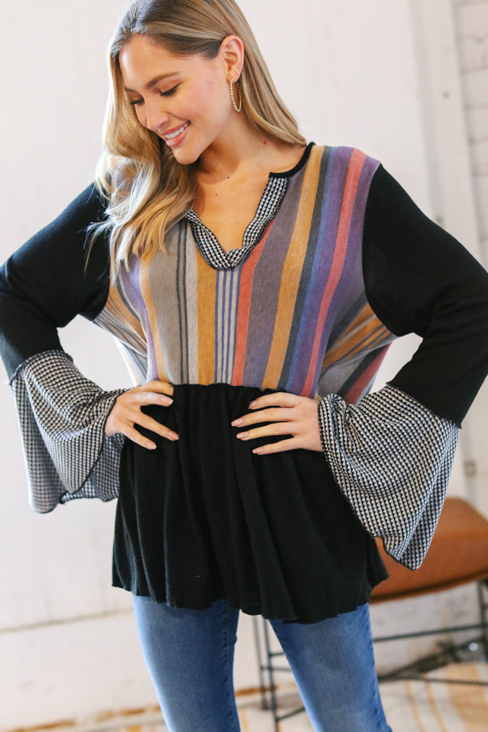 Multi Stripe Hacci Jacquard V Neck Bell Sleeve Top