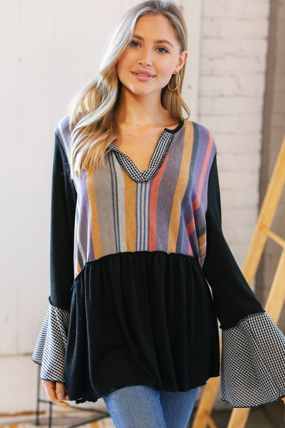 Multi Stripe Hacci Jacquard V Neck Bell Sleeve Top