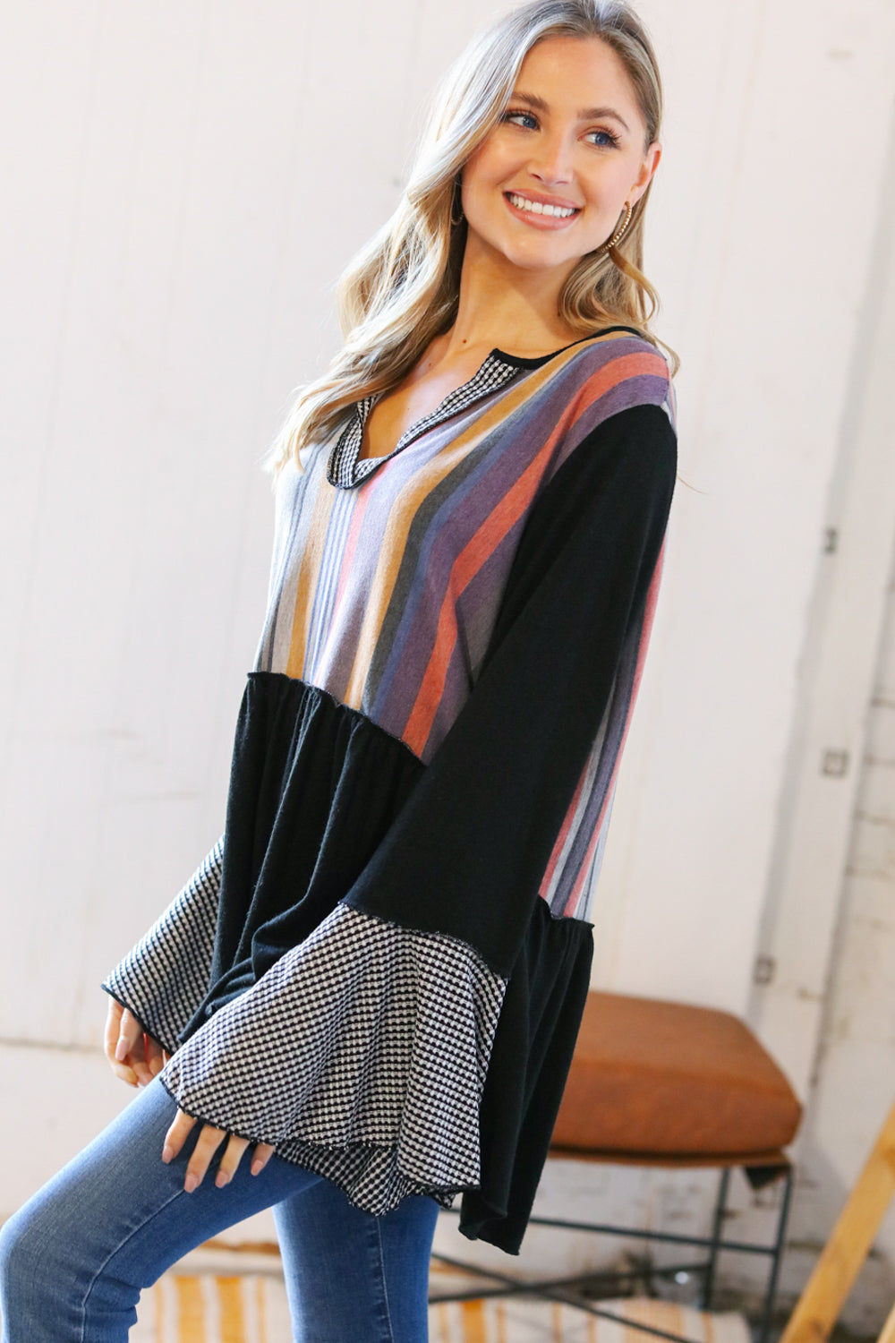 Multi Stripe Hacci Jacquard V Neck Bell Sleeve Top