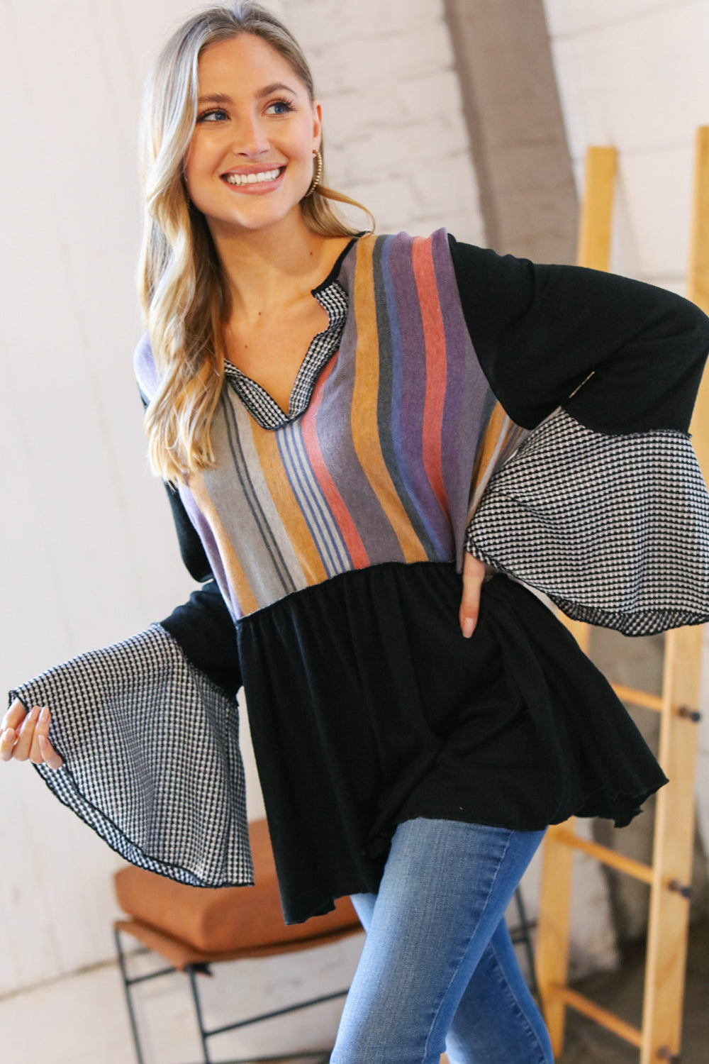 Multi Stripe Hacci Jacquard V Neck Bell Sleeve Top