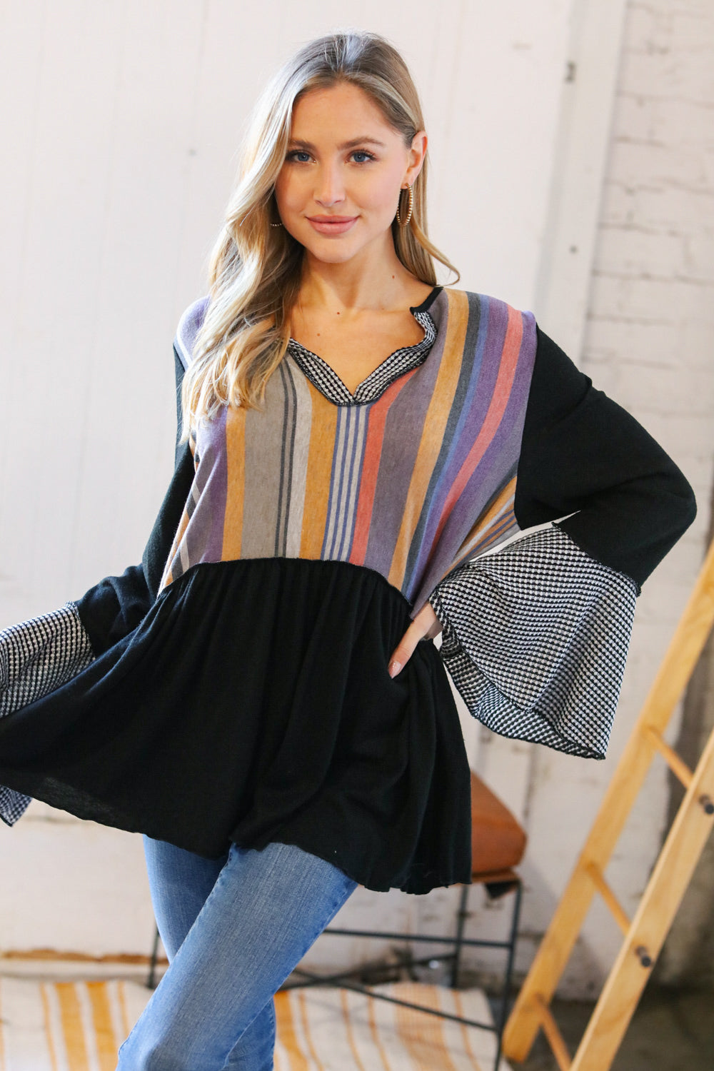 Multi Stripe Hacci Jacquard V Neck Bell Sleeve Top