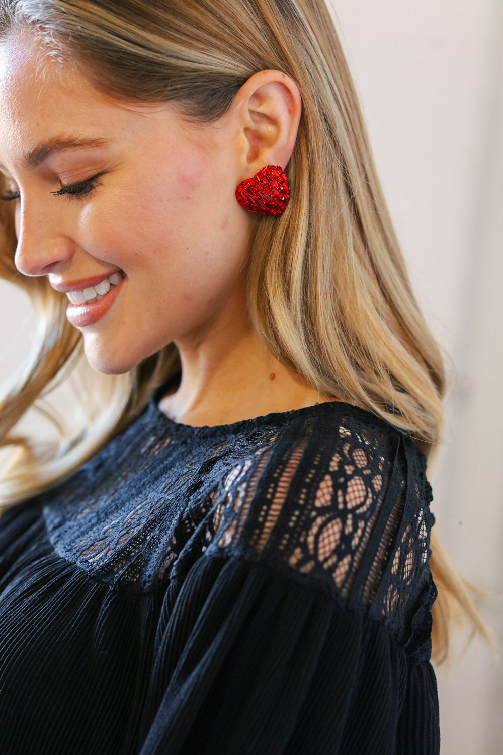 Red Heart Rhinestone Stud Earrings
