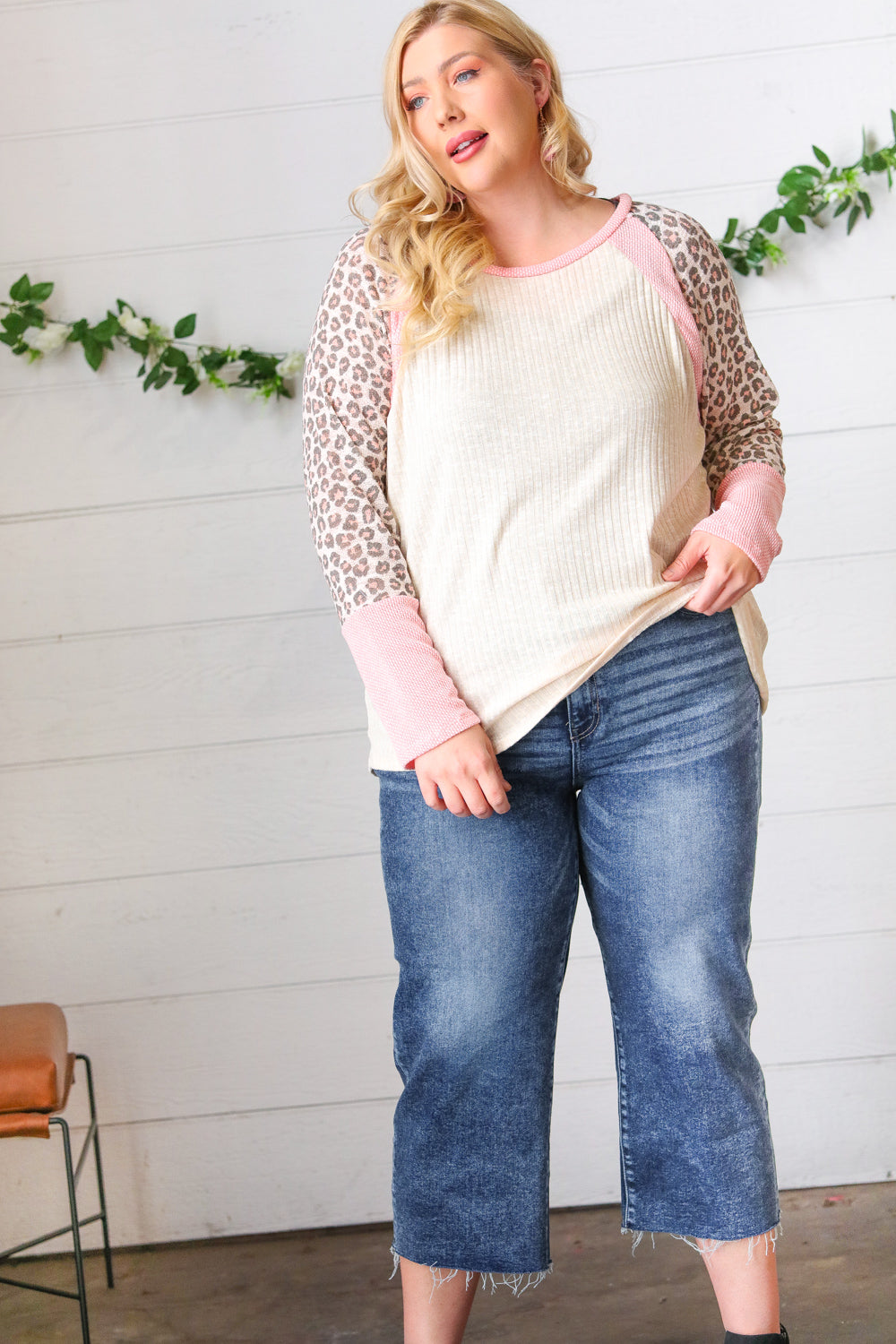 Coral Animal Print Two Tone Raglan Top