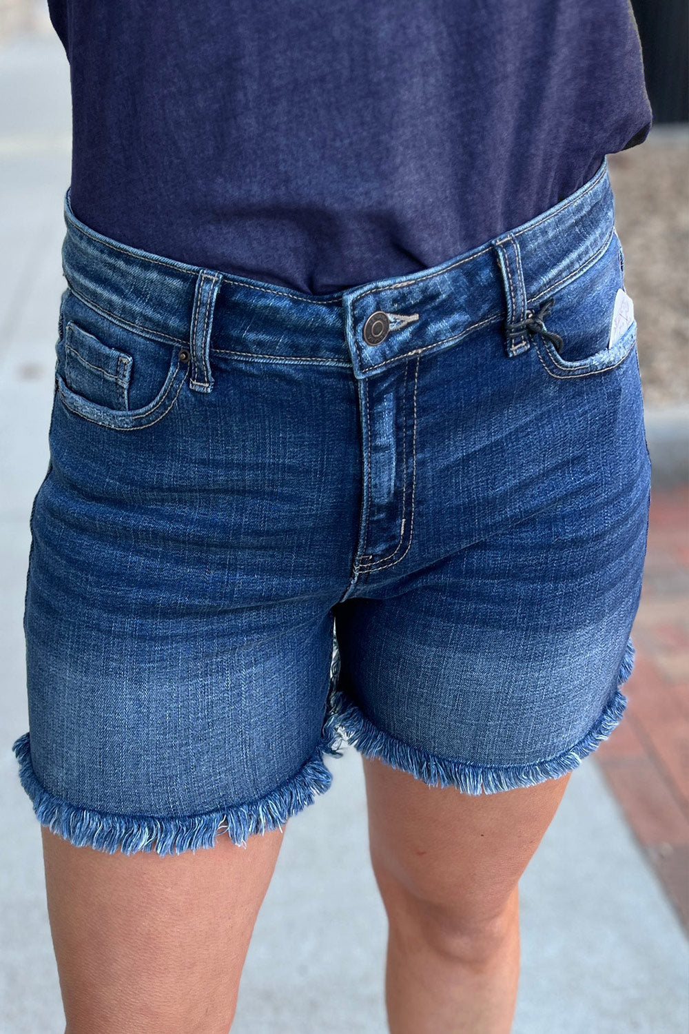 Medium Blue Raw Hem Zipper Denim Shorts