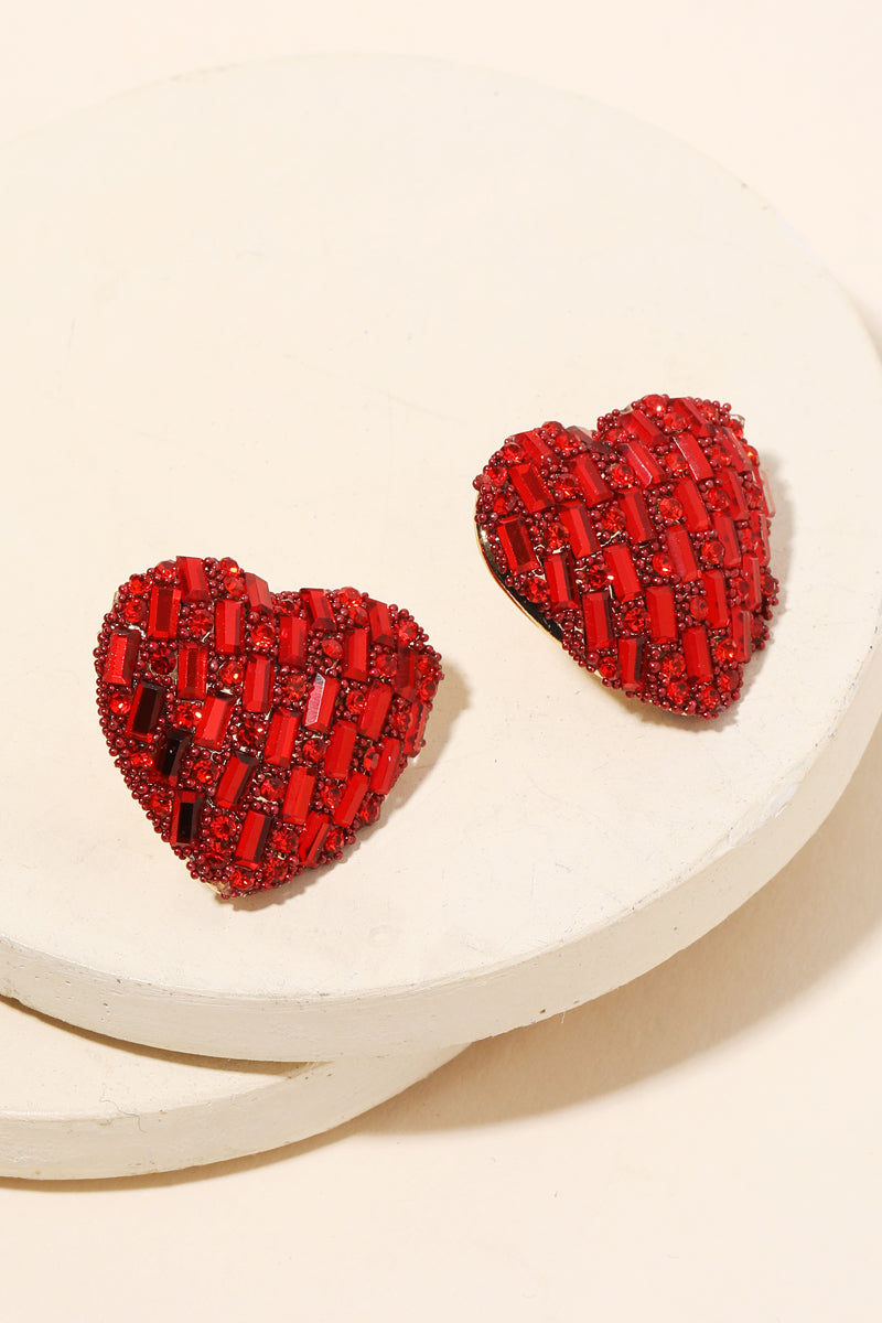 Red Heart Rhinestone Stud Earrings