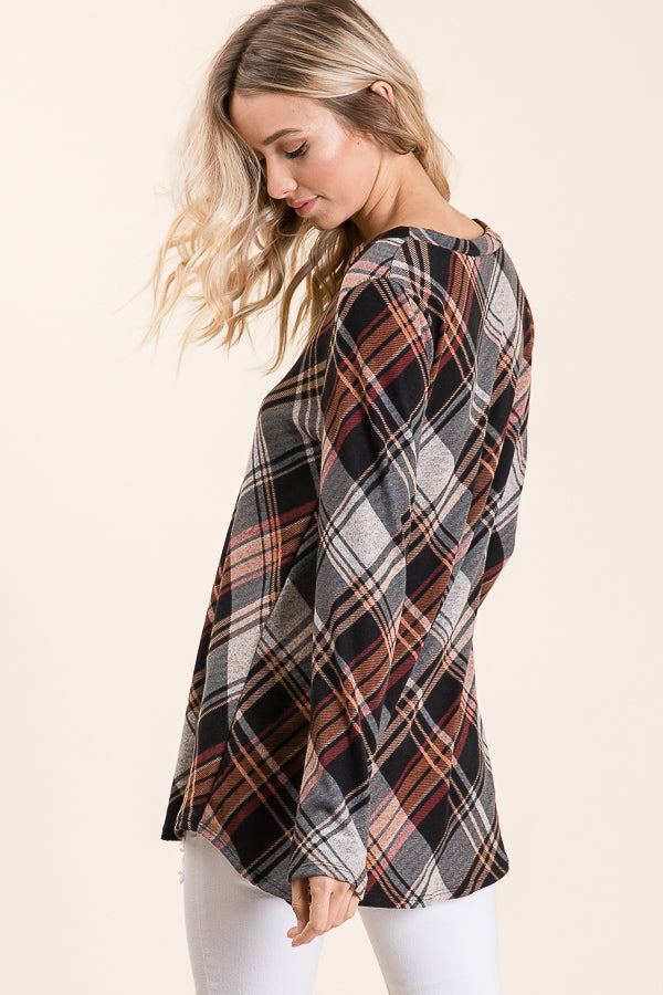 Plaid Long Sleeve Knit Top