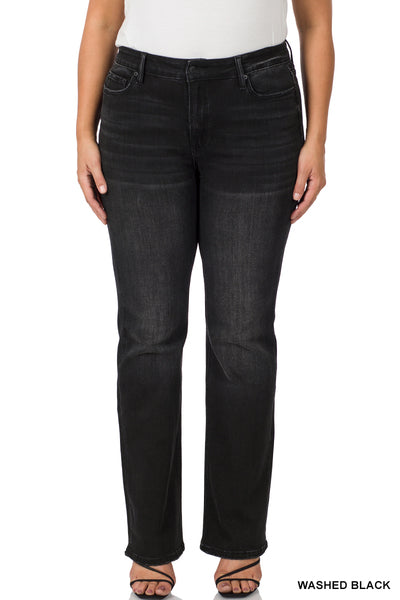 WASHED BLACK PLUS MID-RISE BOOTCUT DENIM PANTS