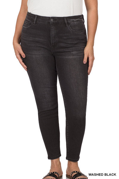 WASHED BLACK PLUS HIGH-RISE SKINNY ANKLE DENIM PANTS