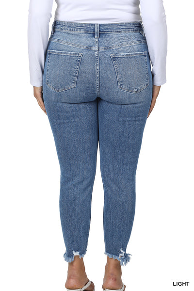 Zenana PLUS HIGH-RISE BUTTON FLY RAW HEM ANKLE SKINNY