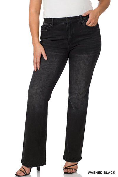 WASHED BLACK PLUS MID-RISE BOOTCUT DENIM PANTS