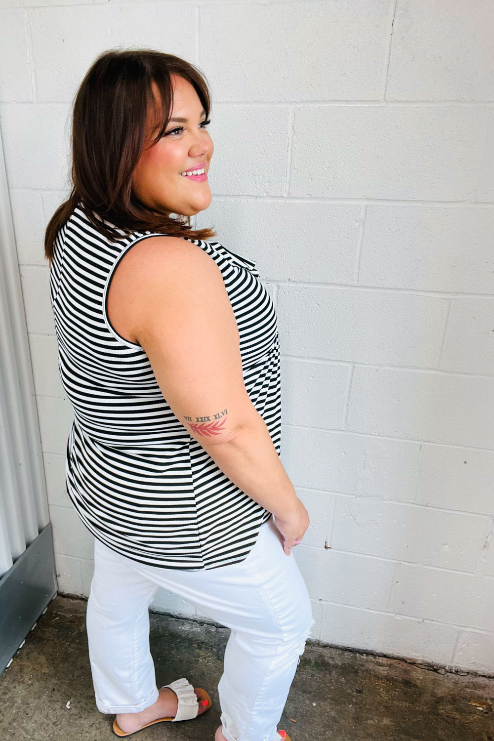 Black & White Striped Ruffle Sleeveless Top