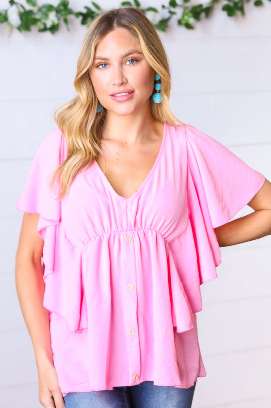 Carnation Pink Button Ruffle Woven Top