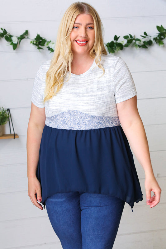 Denim & Grey Color Block Floral Shark Bite Top