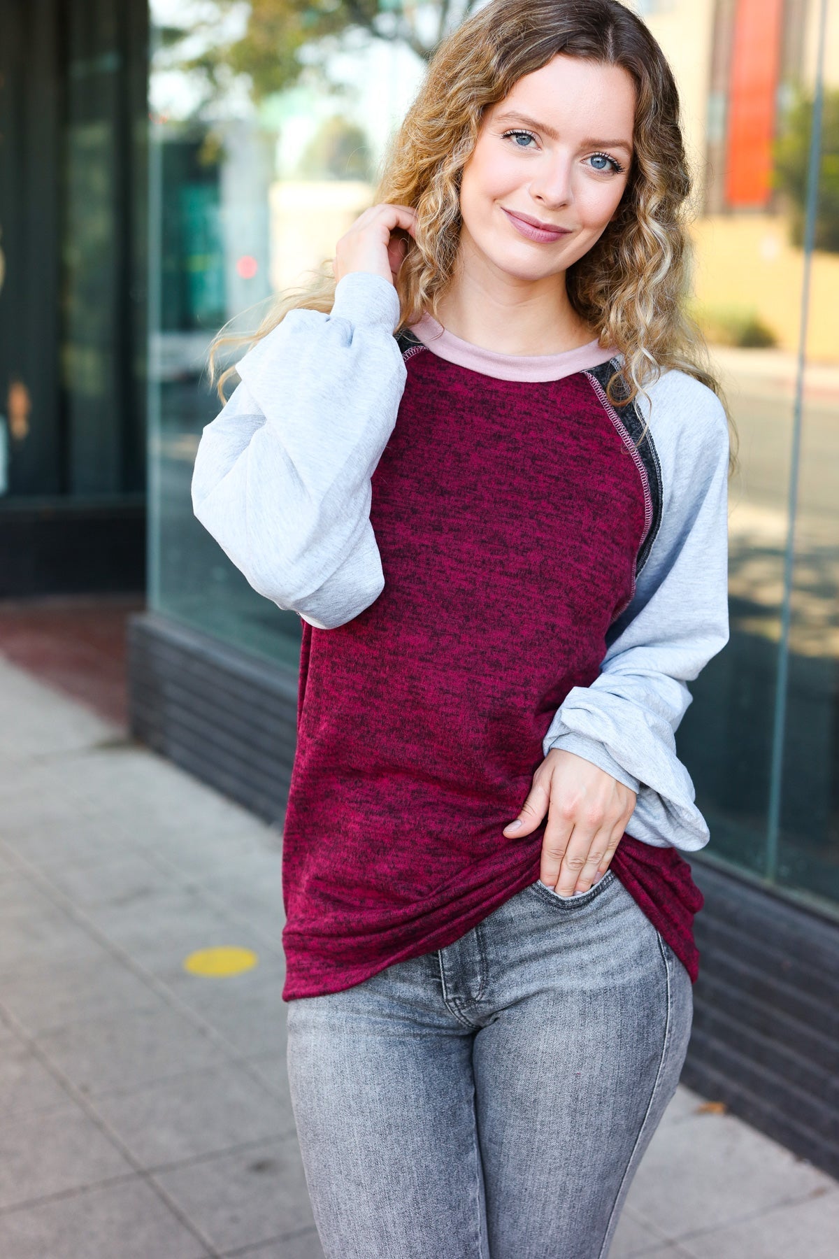 Autumn Vibes Grey & Burgundy Color Block Raglan Sweater