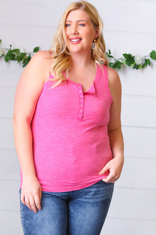 Rose Cotton Rib Henley Button Down Tank Top