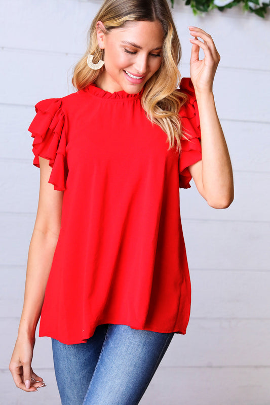 Red Mock Neck Double Flutter Sleeve Woven Top