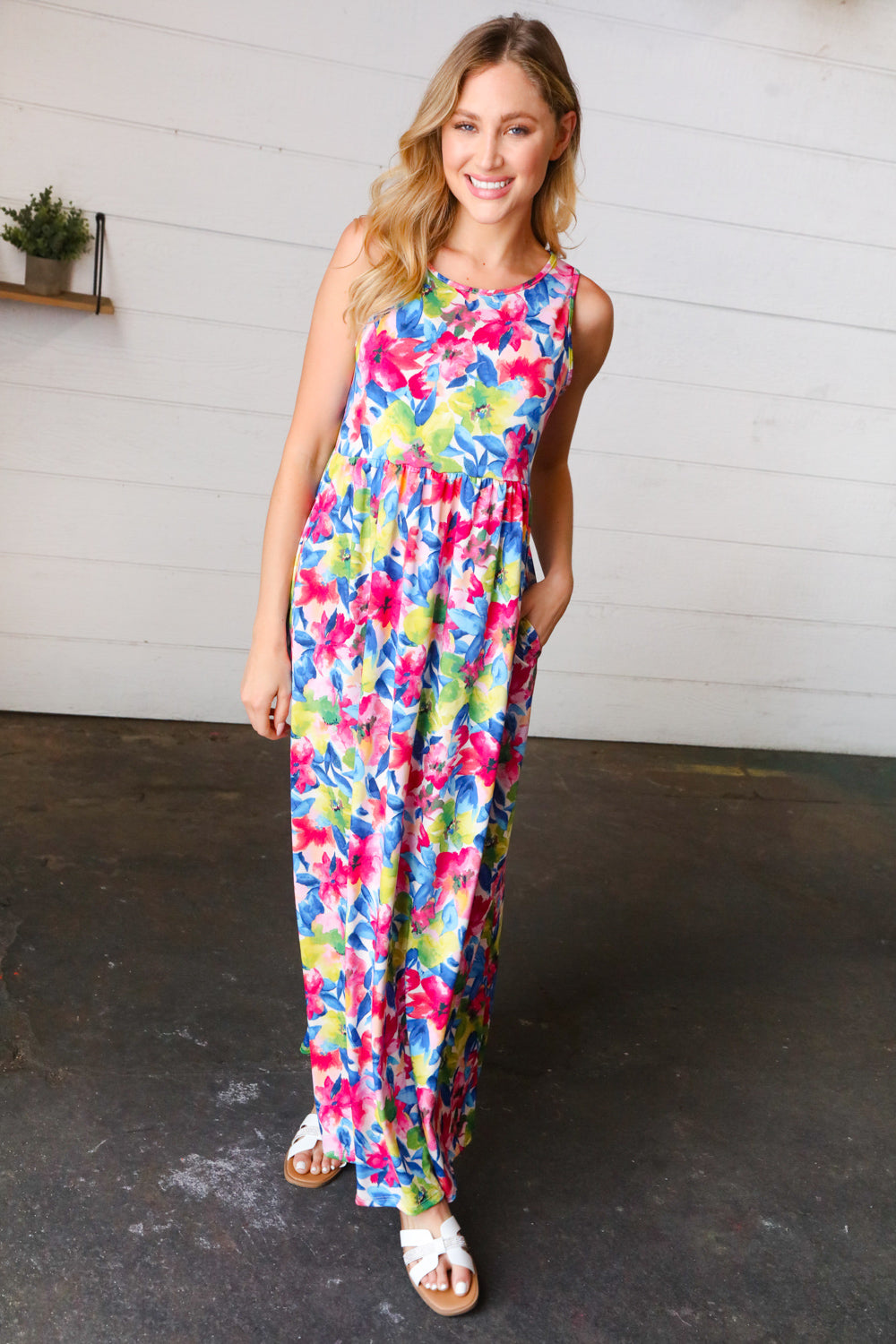 Watercolor Floral Fit and Flare Sleeveless Maxi Dress