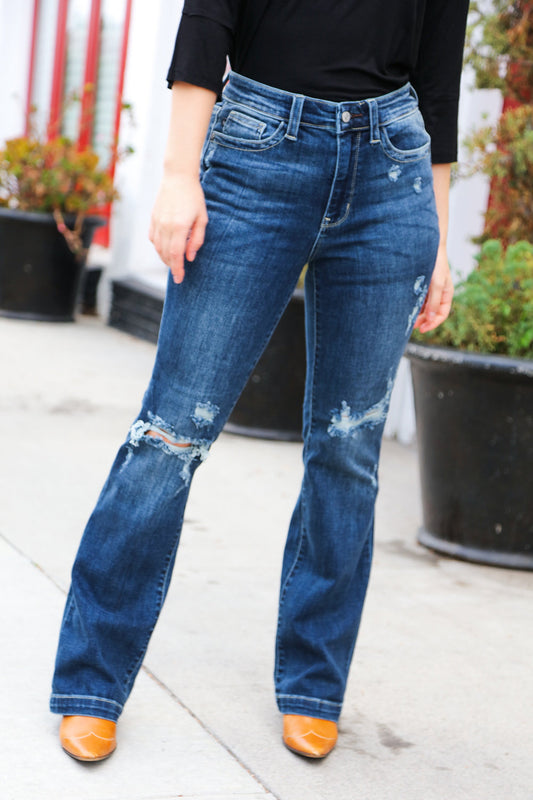 Bold Energy Dark Blue Mid Rise Boot Cut Distressed Jeans