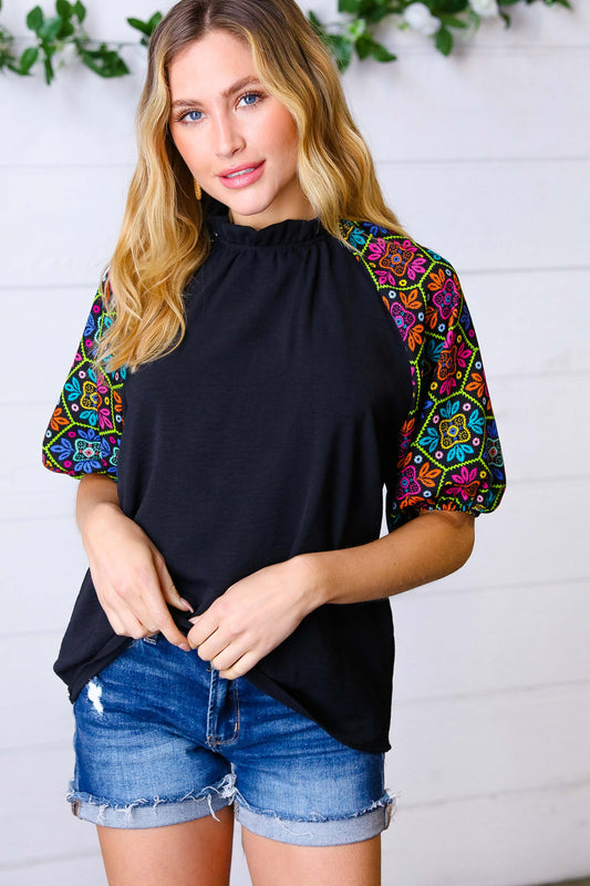 Black Neon Frilled Mock Neck Floral Puff Sleeve Top